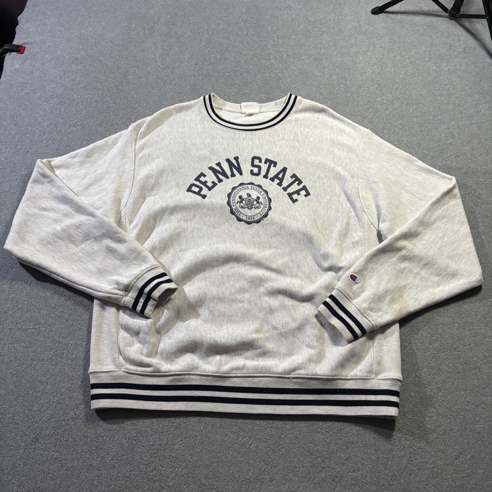 Champion Reverse Weave Penn State Sweatshirt Mens XL Grey Striped Trim Pullover